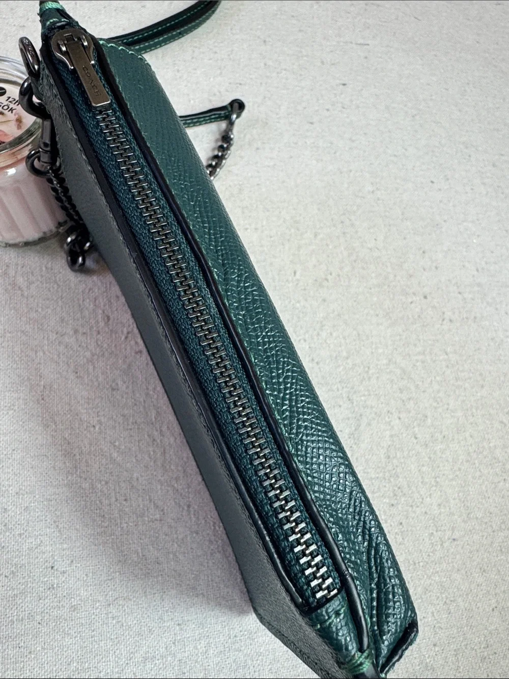 Coach Teal Pebbled Leather Crossbody Phone Pouch with Chain Strap